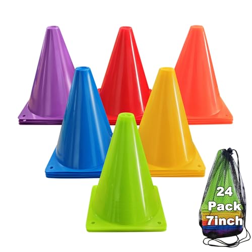 Soccer Cones for Sports Training: Soccer Cones Training Agility Field Marker for Skating Basketball Football Practice Indoor Outdoor 7 Inch 24 Pack Activity Obstacle Course 6 Colors