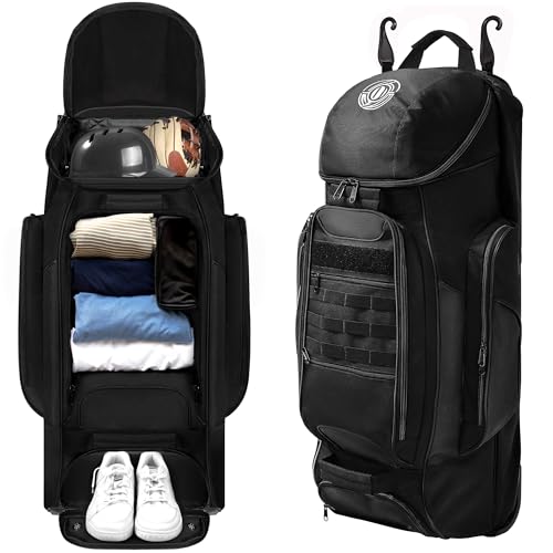 Shopsource Catchers Gear Bag with Wheels, 99L Large Capacity Rolling Baseball Bag with Multi-Pockets, Sturdy Softball Bag with Sturdy Back Base Plate, 4 Bat Sleeves, Shoe Compartment, Fence Hooks