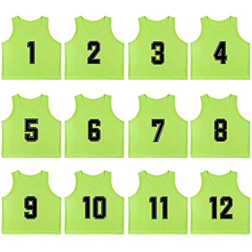 12 Pack Numbered（1-12） Scrimmage Vests/Sport Pinnies/Training Bibs For Basketball,Soccer, Volleyball and Baseball - color: Neon Green1-12, size: Mediun