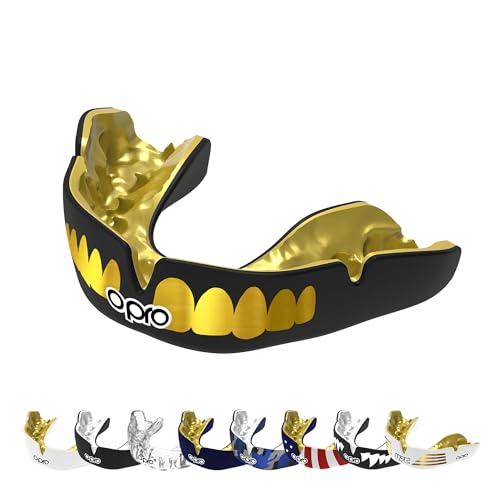 OPRO Instant Custom-Fit Mouthguard – Dentist Level Gum Shield Adult and Kids – OPRO Mouth Guard Boxing and MMA, Self-Fit Gum Shield Rugby – Maximum Protection with Dental Warranty (Black/Gold/Gold) - color: Gold Teeth - Black/Gold/Gold, size: Adult (10+)