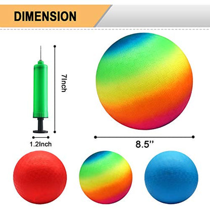 Four Square Balls, 8.5 Inch Playground Ball for Kids Outdoor Dodgeball Kickball Handball Game with Hand Pump - color: Blue (1 ball), Red (1 ball), Rainbow (2 balls)