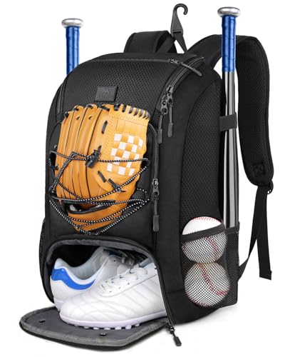MATEIN Baseball Backpack, Softball Bat Bag with Shoes Compartment for Youth, Boys and Adult, Lightweight Baseball Bag with Fence Hook Hold TBall Bat, Batting Mitten, Helmet, Caps, Teeball Gear - color: Black, size: 29L