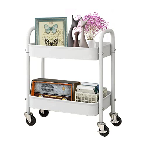 2 Tier All-Metal Rolling Cart, Rolling Storage Cart with Handle and Locking Wheels Kitchen Cart Laundry Office Bathroom Storage Organizer Cart, White - size: 2 Tier White