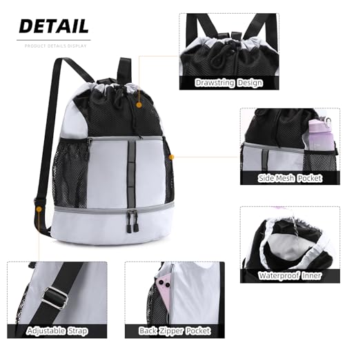 Valleycomfy Drawstring Gym Bag Sports Backpack With Shoe Compartment and Reflective Strips White - color: White