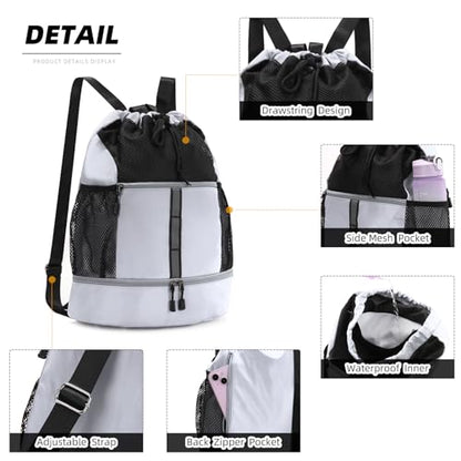 Valleycomfy Drawstring Gym Bag Sports Backpack With Shoe Compartment and Reflective Strips White - color: White