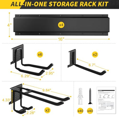 64 Inches Garage Storage, UUP Garage Organization Wall Mount Garden Tool Organizer, 620lbs Adjustable Metal Hooks, Yard Shed Rail Rack, Lawn Tool Holder for Hanging Rake Broom Mop Snowboard, Home Gift - size: 64" Alloy Steel with 4 Panels & 10 Hooks