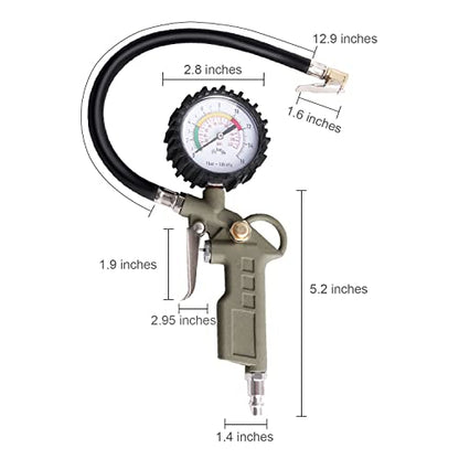 Tire Inflator with Pressure Gauge, 0-220PSI Dial Wheel Air Tire Pressure Gauge, Heavy Duty Rubber Hose with Quick Coupler, Air Compressor Tire Inflator Attachment for Cars Motorcycle Bike