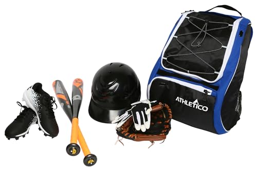 Athletico Baseball Bat Bag - Backpack for Baseball, T-Ball & Softball Equipment & Gear for Youth and Adults | Holds Bat, Helmet, Glove, & Shoes |Shoe Compartment & Fence Hook - color: Blue