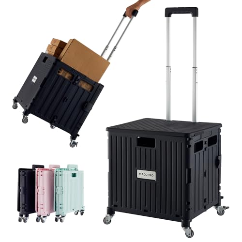 MACOPRO Folding Utility Cart Portable Rolling Crate Handcart Shopping Trolley Collapsible Tool Box, with Lid, Basket on 4 Rotate Wheels, for Grocery, Office, Luggage, Teacher (Black) - color: Black