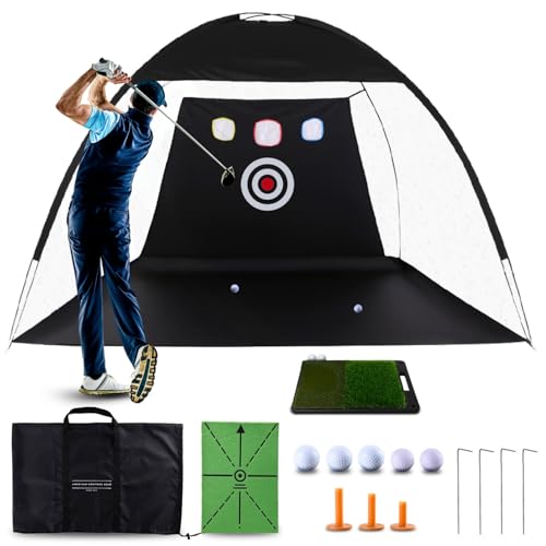 Golf Practice Net with Dual Mats, 3 Tees & 5 Balls – Golf Training Net for Indoor/Outdoor Swing Practice, Backyard Driving & Chipping Set, Portable Training Aid, Great Gift for Men