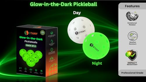 STANY Glow-in-the-Dark Pickleball Balls, Luminous, USAPA Standard, Indoor/Outdoor, 40 Holes, Ultra Visible, Nighttime Play, Unique Gift for Pickleball Lovers –6 Pack, Glows Green