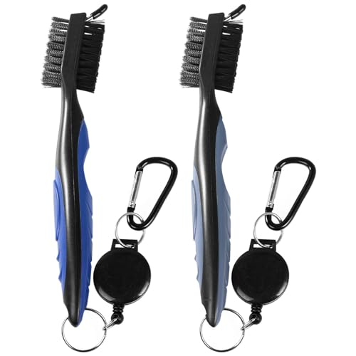 OBTANIM 2 Pack Golf Club Brush Groove Cleaner Tools with Retractable Zip-line Aluminum Carabiner for Golf Club Bag Accessories - color: Blue and Gray