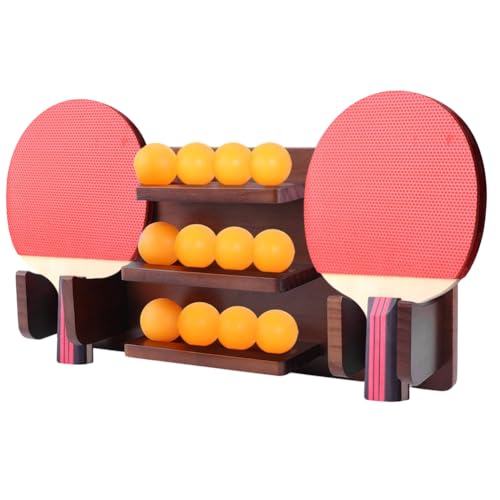 FINGERINSPIRE Wall Mounted Ping Pong Paddle Holder Pine Wood Rack Holds 6 Paddles and 12 Balls Table Tennis Rack with Installation Kit Brown Paddle Holder Space-Saving Racket Storage for Game Room