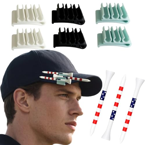 6 PCS Hat Clip Golf Tee Holder (with 3pc Tee) Golf Tee Holder Hat Clips Fits Hat Brim & Visor - Stores 3 Golf Tees for Quick Access (Black+White+Blue)