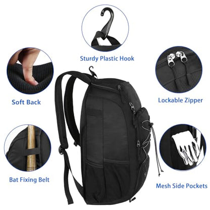 MATEIN Baseball Backpack, Softball Bat Bag with Shoes Compartment for Youth, Boys and Adult, Lightweight Baseball Bag with Fence Hook Hold TBall Bat, Batting Mitten, Helmet, Caps, Teeball Gear - color: Black, size: 47L