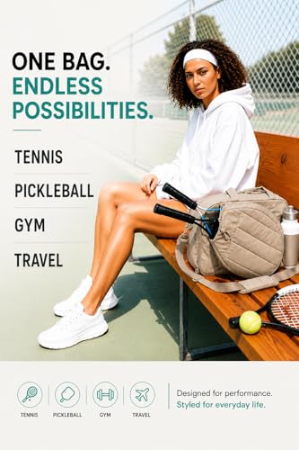 Pickleball,Tennis Racket Bag,Gym Bag for Women,Man. Quilted, Holds 2 Rackets with Shoe Compartment. Sport Bag for Gym, Court, Travel Duffle Bag - color: Beige