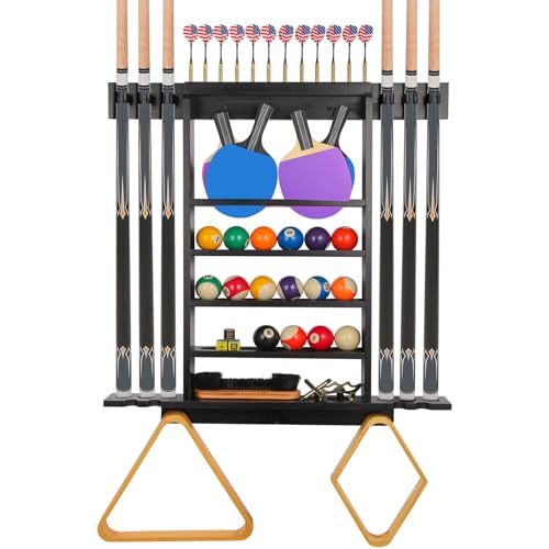 Large Pool Stick Holder Wall Mount, Billiards Pool Cue Rack Ping Pong Paddle Holder, Dart Holder 3-IN-1, Wood Pool Cue Holder Pool Table Accessories Equipment Organizer for Game Room Men Cave- Black - size: Large