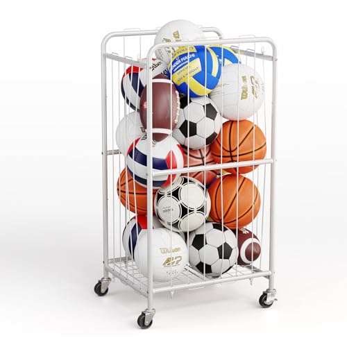 Olldide 250L 43-Inch Large Ball Storage Basket with Wheels, Rolling Cart Sports Equipment Garage Organizer with Elastic Rope for Easy Access, Holder For Basketball, Soccer, Volleyball, Football