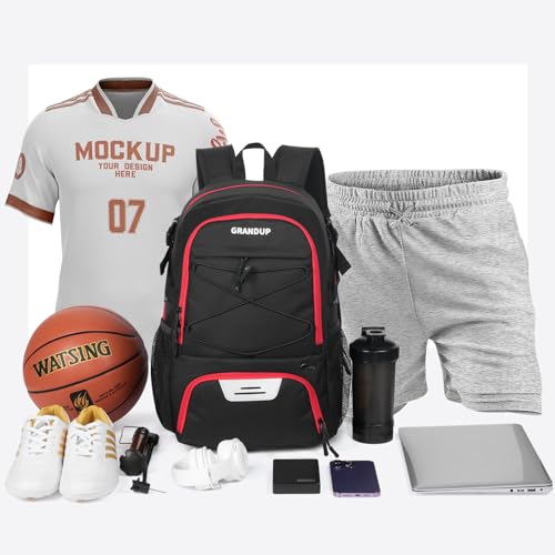 GRANDUP Basketball backpack with ball and shoes compartment Fit Volleyball, soccer, Swim, Gym, Travel, and School, large capacity sports training equipment bags - color: Black With Red Zipper