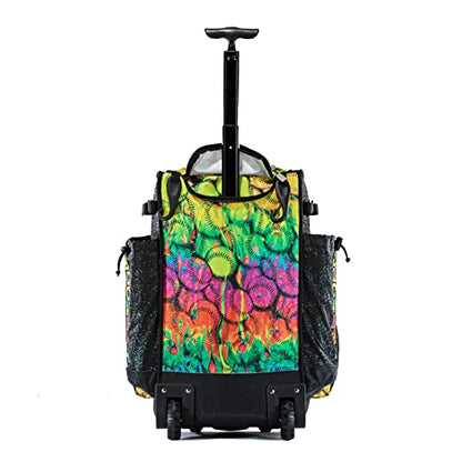 Boombah Rolling Superpack 2.0 Baseball/Softball Gear Bag - 23-1/2" x 13-1/2" x 9-1/2" - Telescopic Handle - Holds 4 Bats - Wheeled Version - Neon Ballpark Glitter Multi
