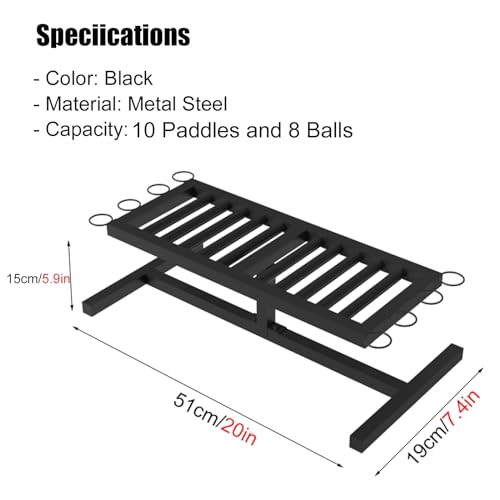 Sports Ball Organizer Holder Shelf Desktop Table Tennis Racket Holder with 8 Round Balls Rack, Black Metal Organiser for Home/Office/Club/Gym, Space Saving - Hold 10 Ping Pong Balls Racquets