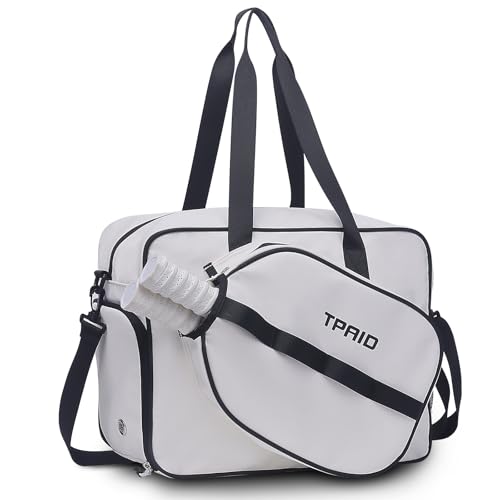 TPAID Pickleball Bag for Women Men, Paddle Tote with Shoes Compartment & Wet Pocket, Multi-Functional Court Bag for 2 Rackets, Balls, Accessories, Gift for Players - color: White