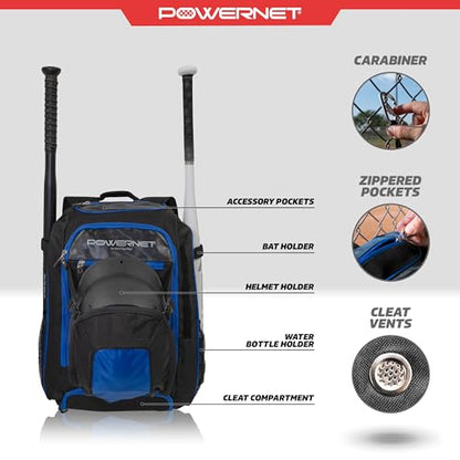 PowerNet Baseball Softball Backpack, Choose from 3 Colors Red Black Blue, Padded Helmet Carrier, Dual Bat Sleeves, Vented Cleat Compartment, Fence Hook, Hook and Loop Batting Glove Area - color: Blue