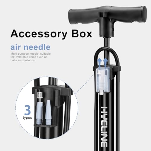 Hycline Bike Floor Pump: Bicycle Tire Pump 160 PSI with Schrader & Presta Valve - High Pressure Air Pumps for Road MTB BMX Hybrid Bikes Tires, Balls, Inflatables - color: Black with Gauge