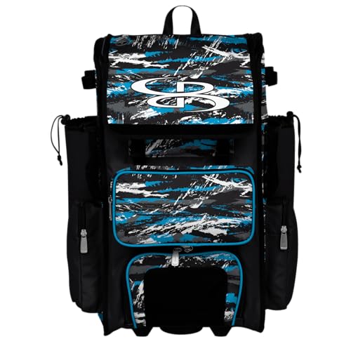 Boombah Rolling Superpack Baseball/Softball Gear Bag - Telescopic Handle - Holds 4 Bats - Wheeled Version - Razor Multiple Colors - color: Black/Columbia Blue/White