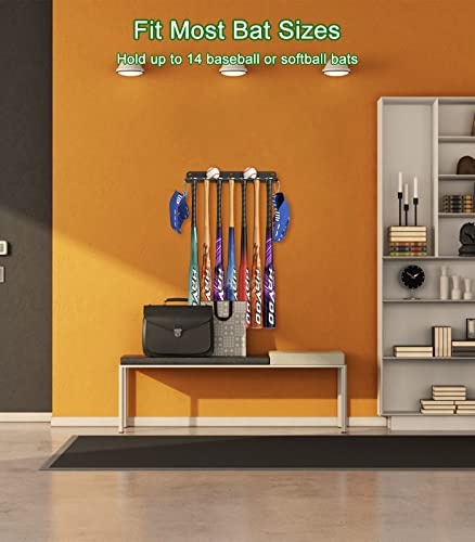 QBA Wall Mount Baseball Bat Holder, 8 Prongs Heavy Duty Metal Bat Rack, Holds 14 Bats, Bats Organizer for Dugout Fence Home Garage, Black - size: 14 Bat Rack