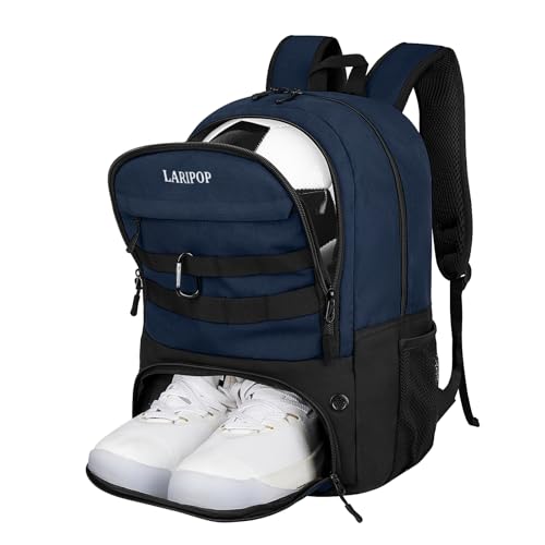 LARIPOP Soccer Backpack with Ball Holder & Shoe Compartment Large Capacity Youth Sports Bag for Training - color: Dark Blue