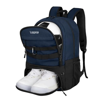 LARIPOP Soccer Backpack with Ball Holder & Shoe Compartment Large Capacity Youth Sports Bag for Training - color: Dark Blue