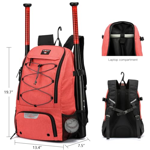 Baseball Backpack, Baseball Bag for Youth, Softball Bat Bag with Shoes Compartment, Laptop Compartment & Holds 2 Bats, Small Baseball Bat Equipment Bags for Fence Hook, Glove Holder & Helmet - color: Red