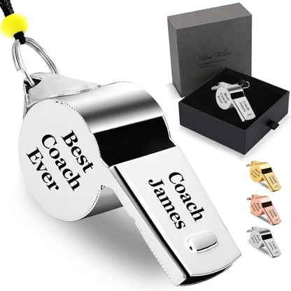 Personalized Whistle for Coach, Silver Whistle Personalized with Lanyard, Appreciation Gift for Referee, Coach, Teacher - color: Silver