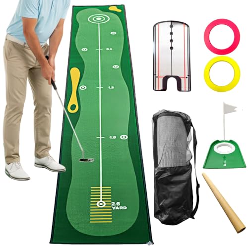 10ft Putting Green Indoor, Golf Putting Mat with Putting Mirror, Storage Bag, Putting Cup, Putting Ring, Roller Brush, Golf Mats Practice Outdoor & Indoor Use, Golf Gifts for Men Golfers