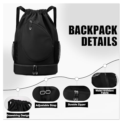 Sports Drawstring Backpack, Badminton Gym Bag Holds 2 Rackets with Shoe Compartment, Off-work, Everyday & Overnight Weekend - color: Black