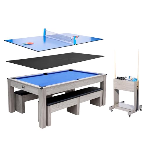 Garvee 7FT 3-in-1 Pool Table with Dining Top & Table Tennis, Multi Game Billiard Table Set with HDF Wood Grain Finish, Includes Cues, Balls, Ping Pong Paddles and Rolling Storage Caddy - color: Blue