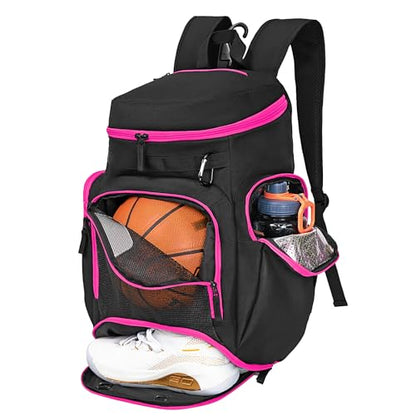 LARIPOP Basketball Backpack with Ball & Ventilated Shoe Compartment Insulated Pockets for Men Youth Training - color: Rose Red