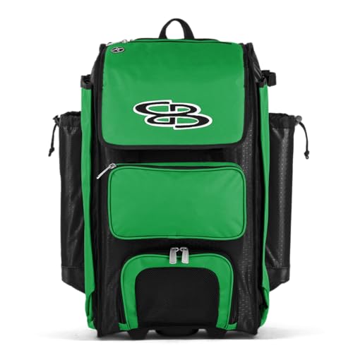 Boombah Catchers Superpack Hybrid Rolling Bat Bag - Multiple Colors - Wheeled & Backpack Version - color: Black/Kelly Green