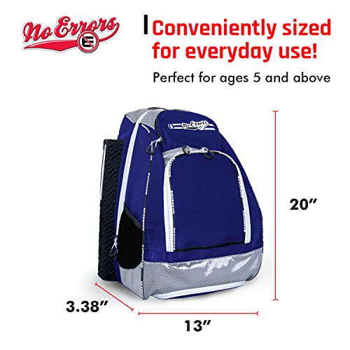 No Errors Sports RBP Rookie Baseball and Softball Backpack - Youth Baseball and Softball Bat Bag with Fence Hooks - Baseball and Softball Equipment Bag for Kids - color: Royal