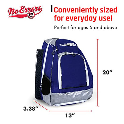 No Errors Sports RBP Rookie Baseball and Softball Backpack - Youth Baseball and Softball Bat Bag with Fence Hooks - Baseball and Softball Equipment Bag for Kids - color: Royal