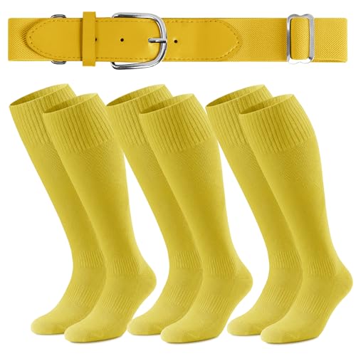 Cooraby 3 Pairs Youth Baseball Socks and Belt Combo Adjustable Softball Football Socks and Baseball Belts for Boys Girls