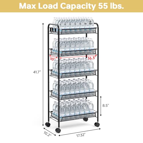 TOOLF 5-Tier Metal Utility Cart with 3 Hooks, Easy Assemble Mobile Storage Trolley On Wheels, Metal Shelving Units Kitchen Bathroom Laundry Room - color: Black, size: 5-Tier