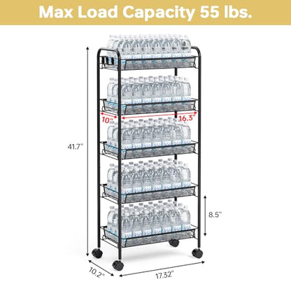TOOLF 5-Tier Metal Utility Cart with 3 Hooks, Easy Assemble Mobile Storage Trolley On Wheels, Metal Shelving Units Kitchen Bathroom Laundry Room - color: Black, size: 5-Tier