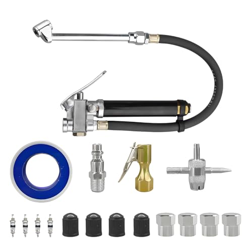 Heavy Duty Bayonet Style Tire Inflator with Air Chuck, 0-200PSI 17PCS Auto Tire Pressure Gauge with 4 Way Tool & Valve Core, Air Compressor Accessories, Universal for Sedan Truck SUV (Black) - color: Black
