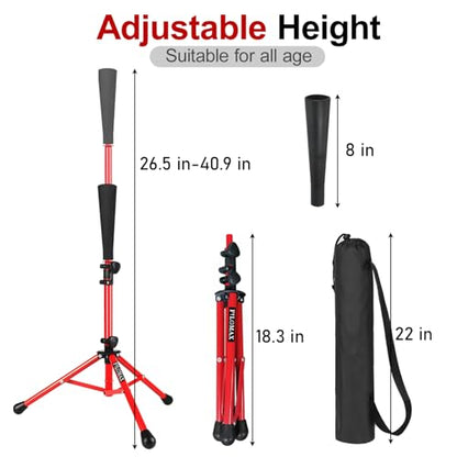 Batting Tee,Baseball Tee,Softball Tee, for Kids,Teens,Adults Baseball Hitting Practicing. Include 2 Pcs Replaceable Rubber Ball Seat and Carrying Bag.Adjustable Height - color: red