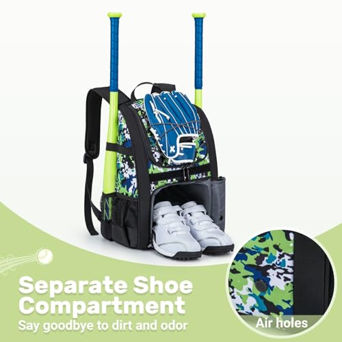 KAVIGOR Youth Baseball Bag, Softball Bag for Girls & Boys, Kids Tball Backpack with Shoes Compartment
