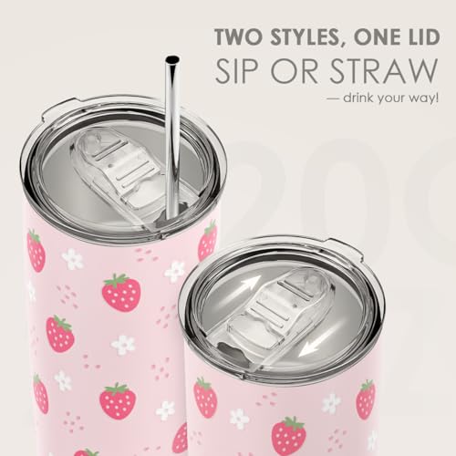 SANDJEST Strawberry Tumbler 20oz, Stainless Steel Travel Cup with Lid, Insulated Coffee Mug, Strawberry Gifts for Women Girls Friends Sisters on Birthday Christmas - color: Strawberry 1