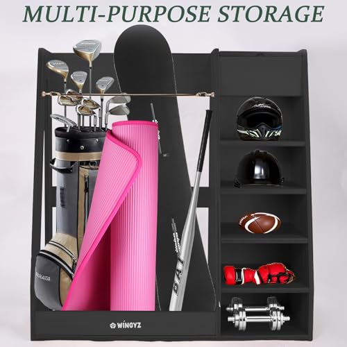 WINGYZ Premium Birch Plywood Golf Bag Storage for 2 Bags | 36lb Rock-Solid Golf Bag Organizer | 7-Shelf Command Center | Artificial Turf 12-Ball Display | No Wall Mounting Required (Black) - color: Black