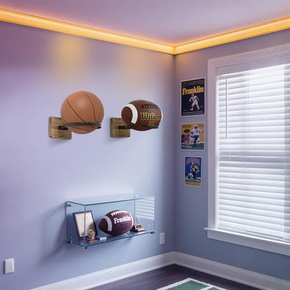 Basketball Holder Wall Mount with Wooden Base, 2 Pcs Ball Storage Holder for Football Basketball Soccer Rugby Display Rack - Boys Sports Accessories Organizer